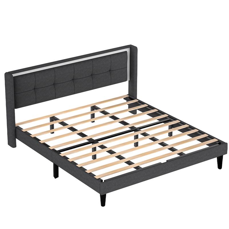 Upholstered platform bed frame with headboard and sturdy wooden slats