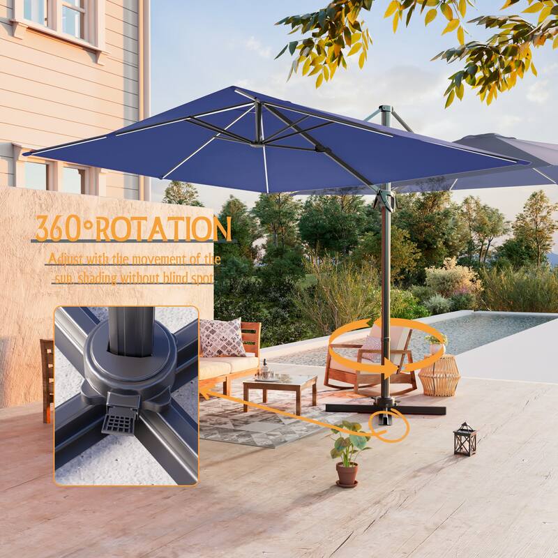 LIVOOSUN 10x8ft LED Rectangle Cantilever Umbrella Patio Offset Umbrella For Outdoor Space, Solution-Dyed Fabric, 360° Rotation