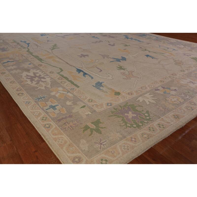 Hand Knotted Oriental 100% Wool Carpet Transitional All-Over Beige & Ivories Oushak Area Rug - 12' 3'' X 9' 4''