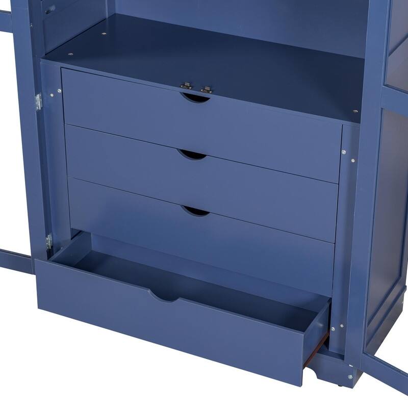 75" Tall Pine Wood Kitchen Pantry Cabinet with Glass Doors Four Drawers and Anti-Tipping Safety Features