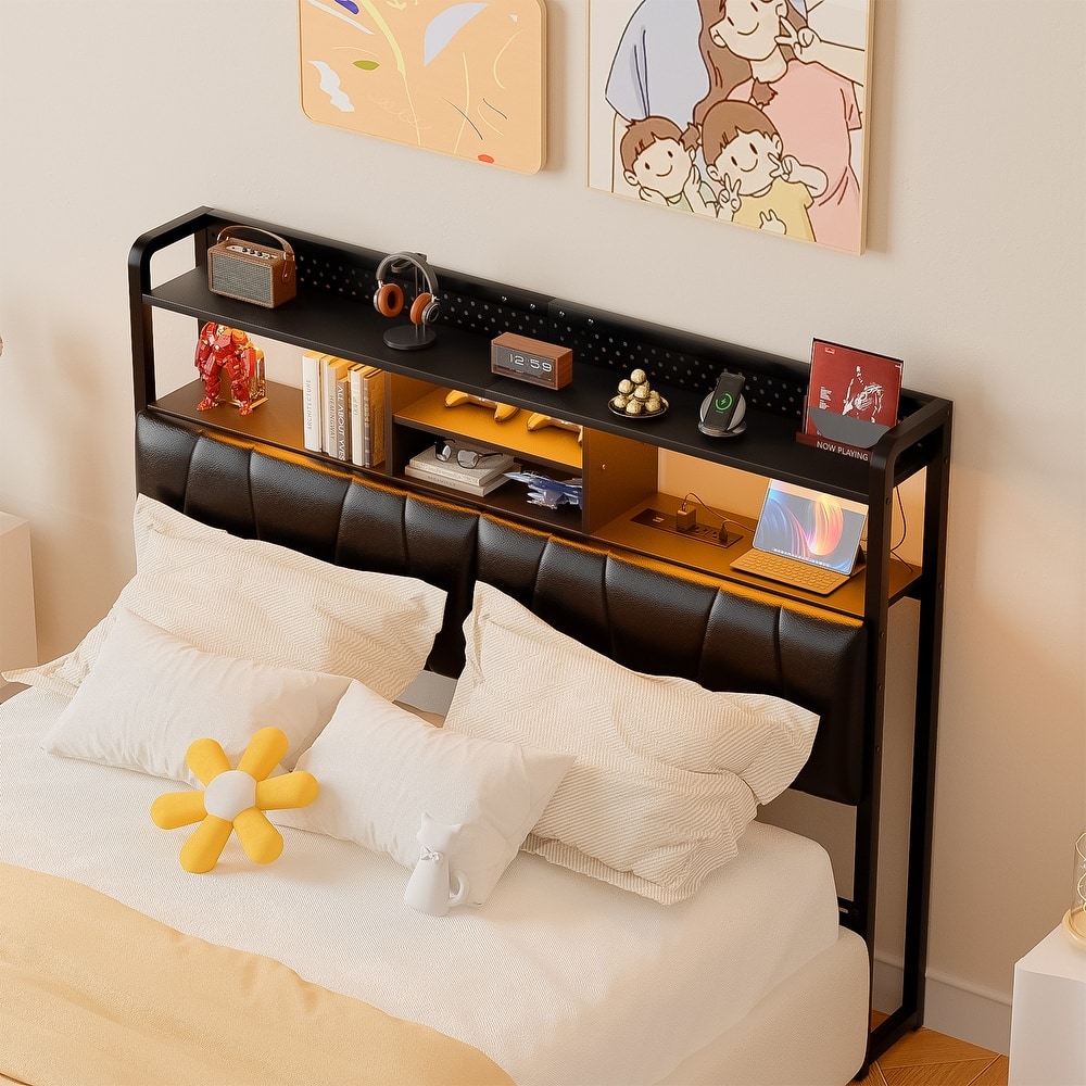 Upholstered Headboard with Pegboard and Charging Station, Storage Headboard Shelves and LED Light