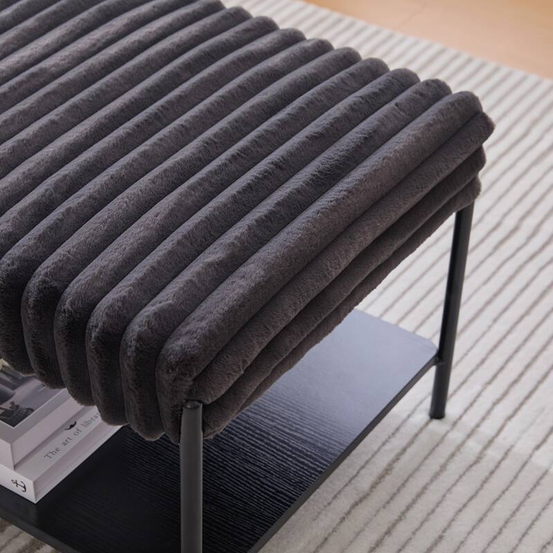 30.7"Wide Upholstered Ottoman Coffee Table Foot Rest with Black Metal Legs,Footstool with Wooden Open Storage Shelf