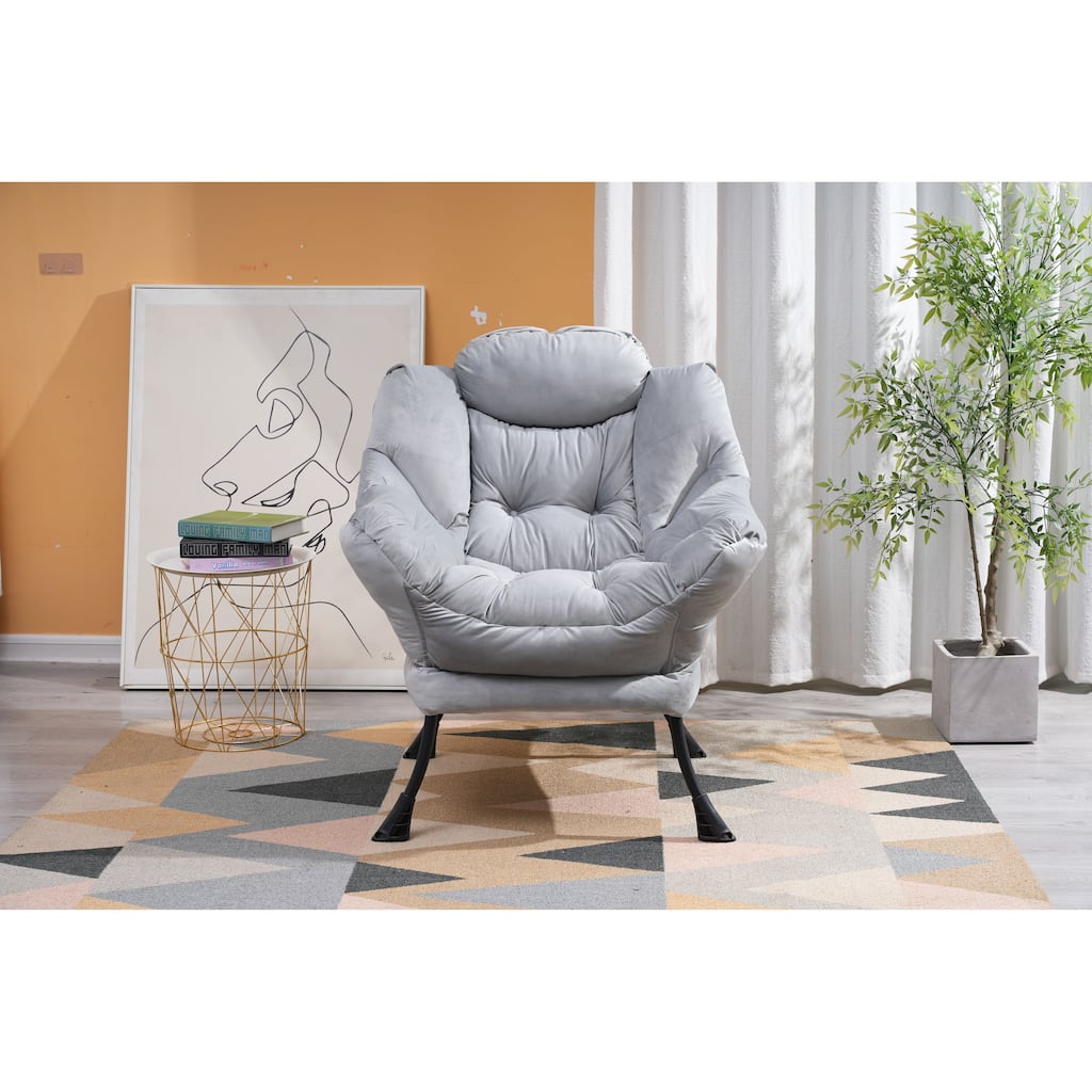 Modern Fabric Lazy Chair with Steel Frame, Side Pocket, Light Gray