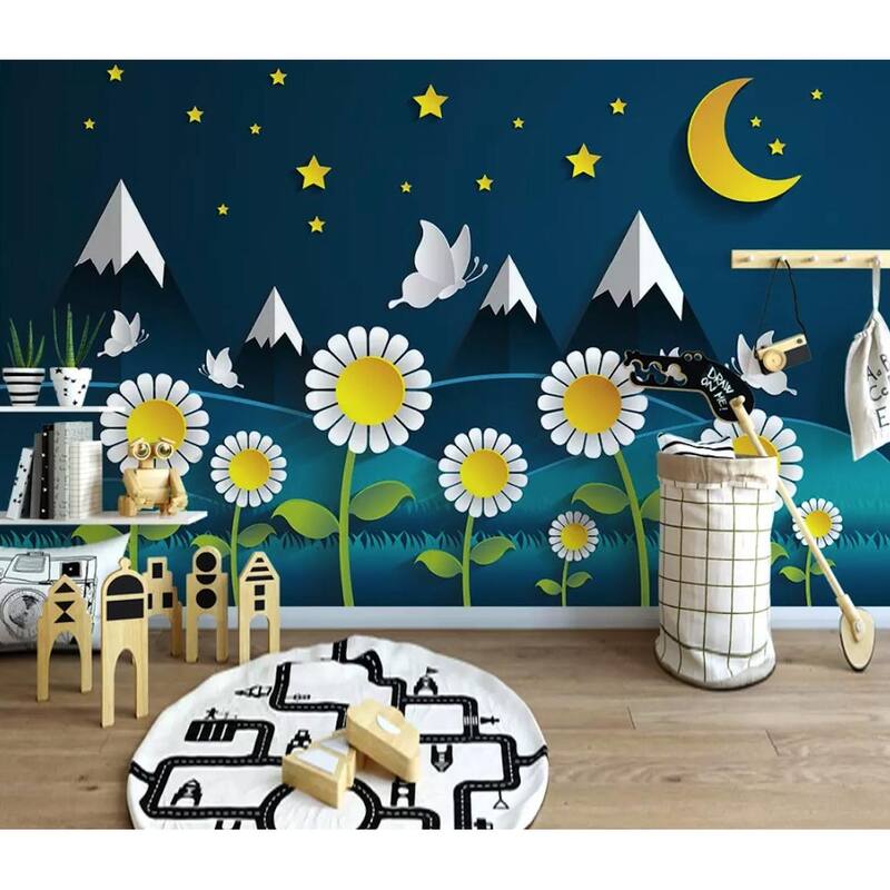 GK Wall Design Kids Cartoon Nightscape Daisy and Mountain Removable Wallpaper