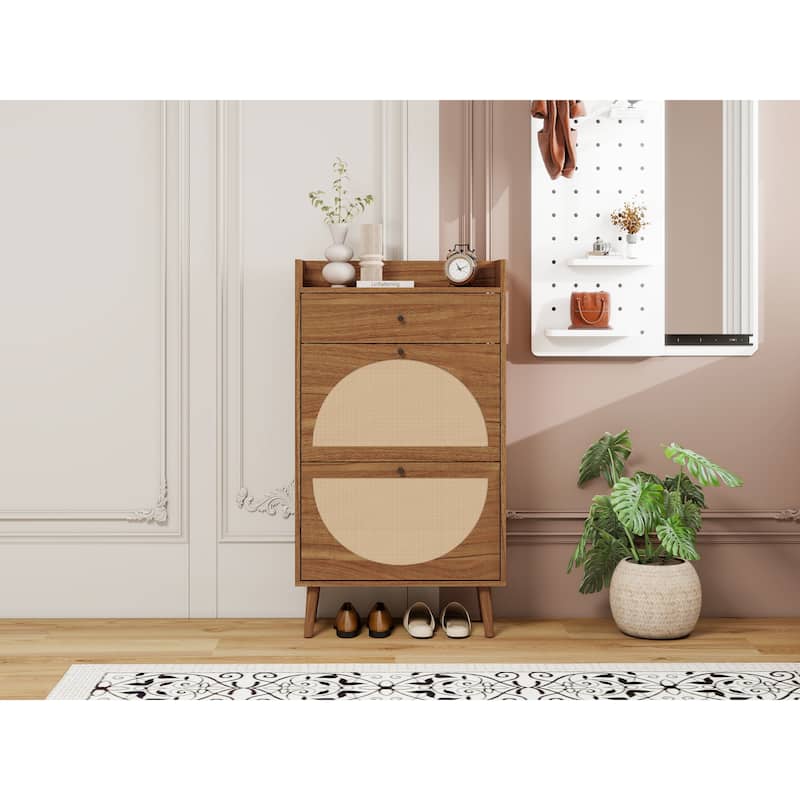 Roomfitters Rattan Shoe Cabinet with Drawer, 2 Door Slim Shoe Storage Rack, Entryway Organizer