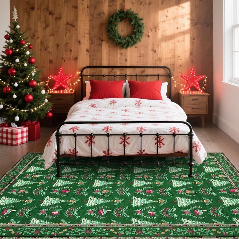 Soft Low Pile Festive Washable Christmas Area Rug for Xmas Holiday Decor, Green - 9*12ft