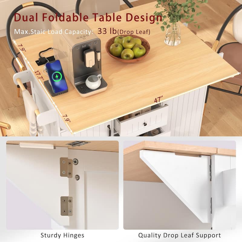 55.7" Large Kitchen Island with 2 Drop Leaf, Rolling Kitchen Cart on 5 Wheels with Power Outlet