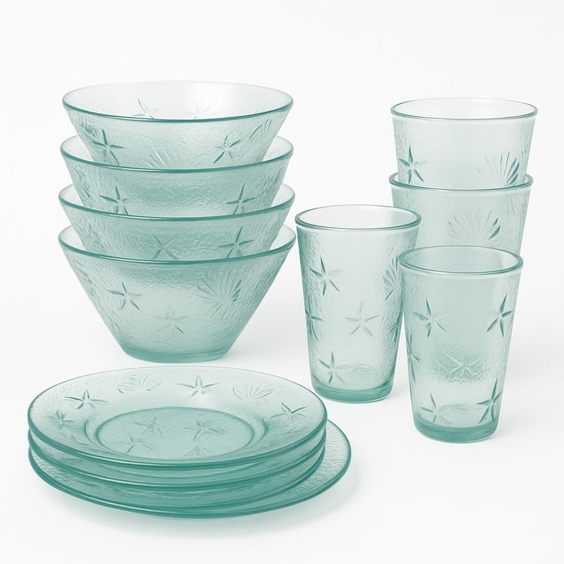 French Home Recycled Glass 12-Piece Coastal Soup and Salad Set