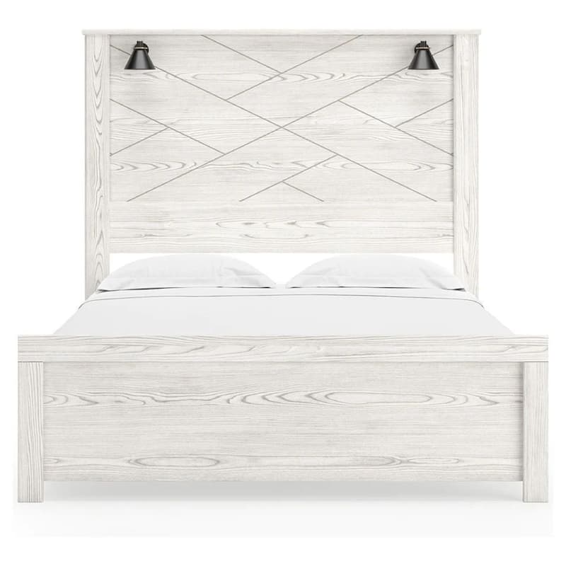 Hara Queen Panel Bed with 2 Sconce Lights, Rustic Light Gray-White Wood
