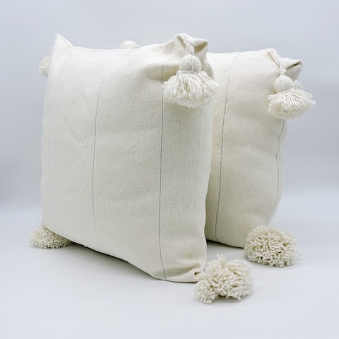 Moroccan Handmade Cotton PomPom Throw Pillow Cover White 20 x 19 Inches.