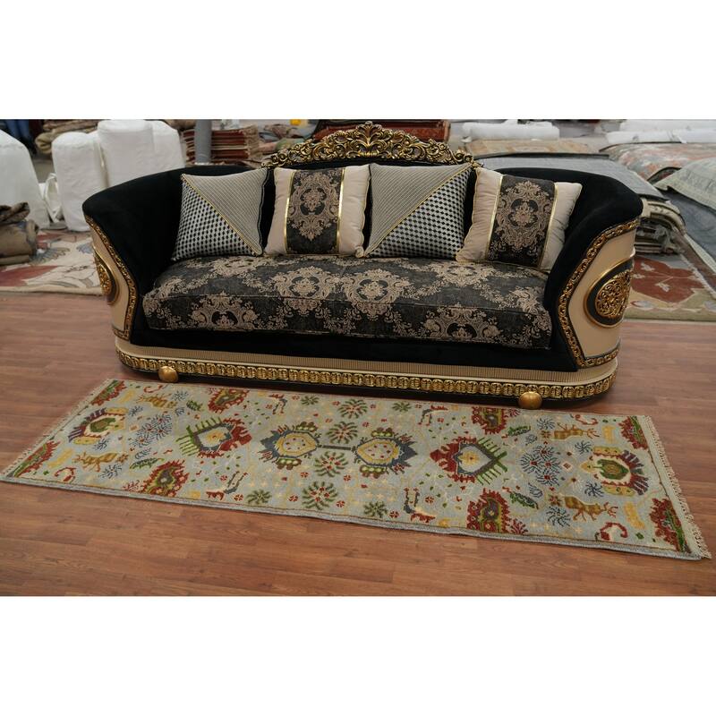 Hand-knotted Traditional Wool Grey Geometric Area Rug Oriental Carpet - 8' 0'' X 2' 6''
