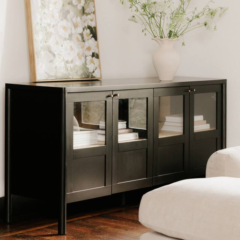 Title: NADAAL STUDIOS Delmira Sideboard, Millwork-Inspired Glass-Front Storage with Dowel Legs, Black