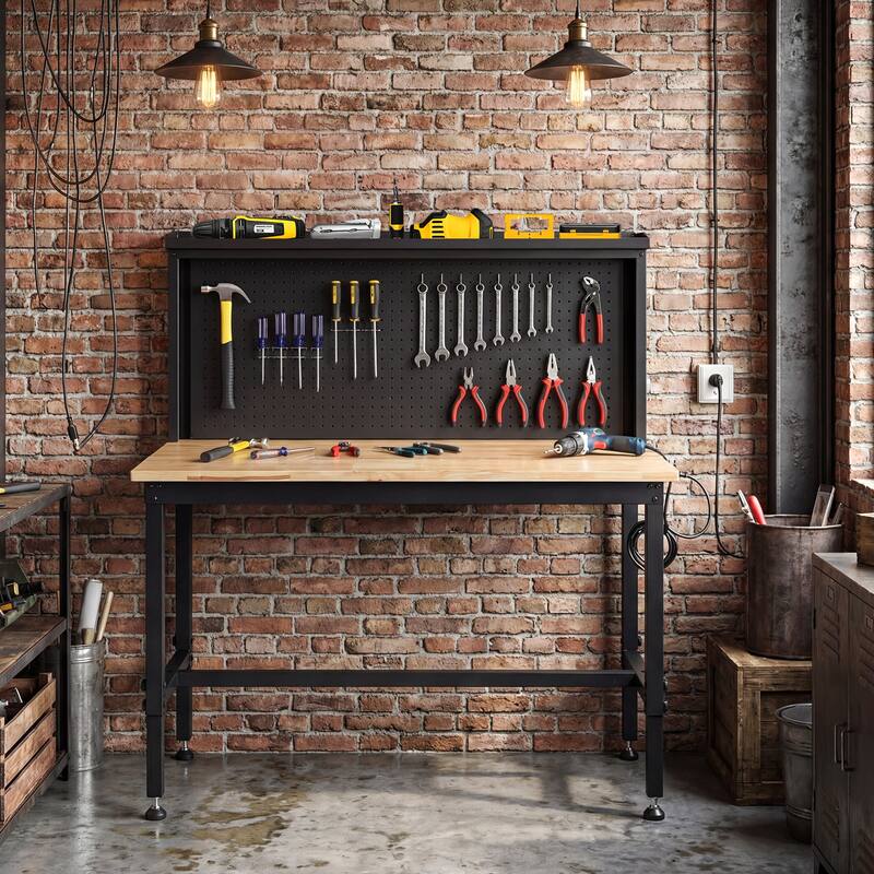 Gymax 48'' Heavy Duty Workbench w/ AC/USB Outlets and Pegboard Max