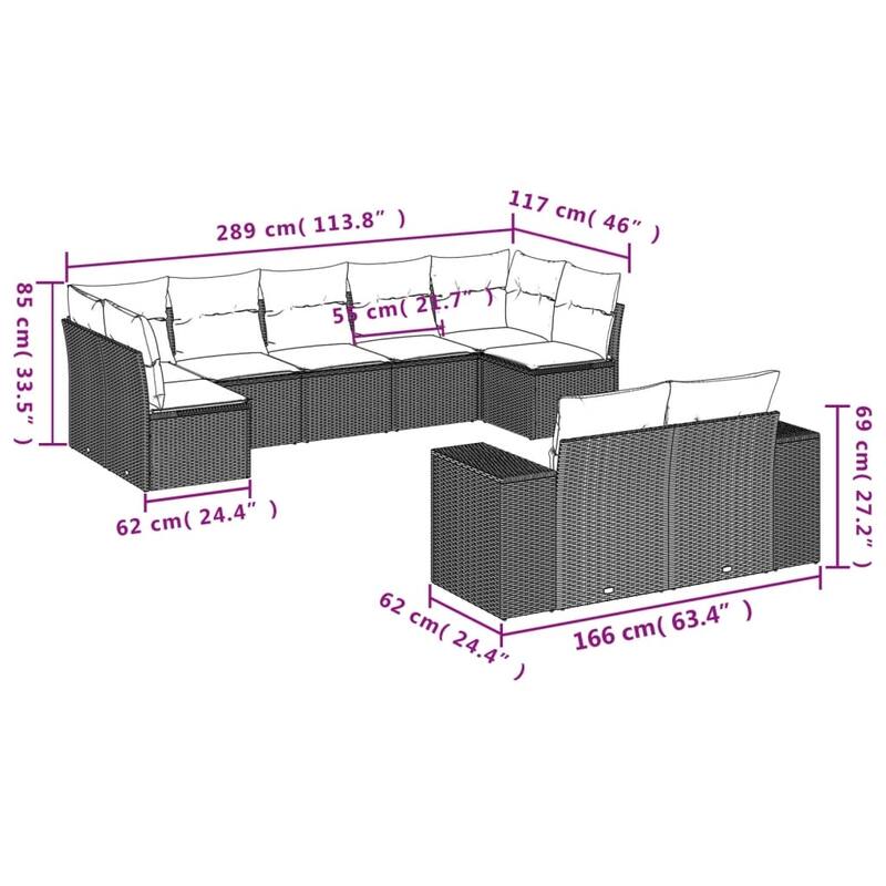 vidaXL 9/10 Piece Patio Sofa Set with Cushions Black/Brown/Gray Poly Rattan - 24.4 x 24.4 x 27.2