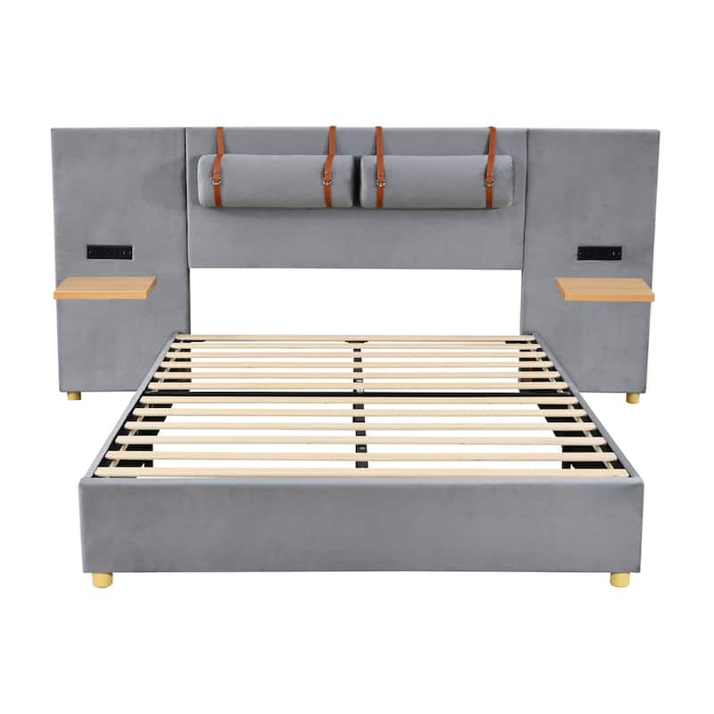 Full or Queen Size Velvet Upholstered Platform Bed with USB Charging