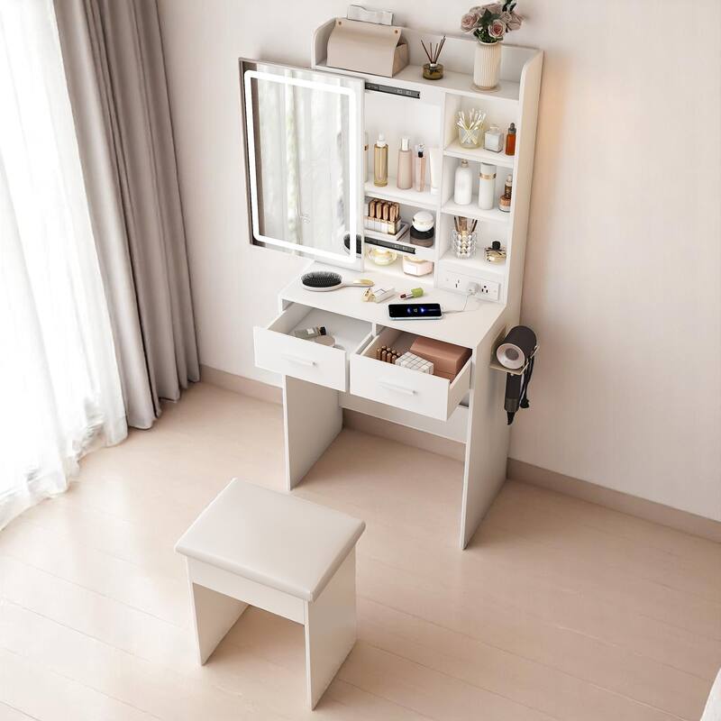 KISRAIS 23.62" Small Size Vanity Desk with Brightness Adjust LED Mirror, Cushioned Stool, Power Station, and Hair dryer bracket