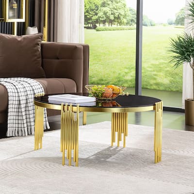 Modern 36" Round Coffee Table with Tempered Glass Top and Polished Chime-Shaped Legs