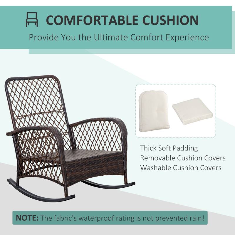 Outsunny Outdoor Wicker Rocking Chair with Widen Seat, Thickened Cushion, Rattan Rocker with Steel Frame