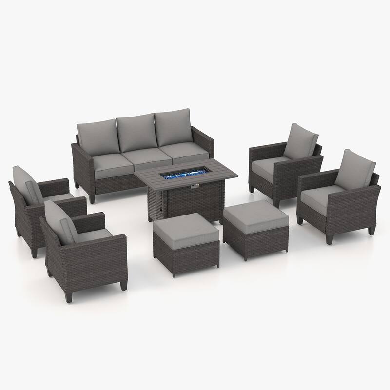 Patio 8-piece Wicker Sectional Sofa Set with Fire Pit
