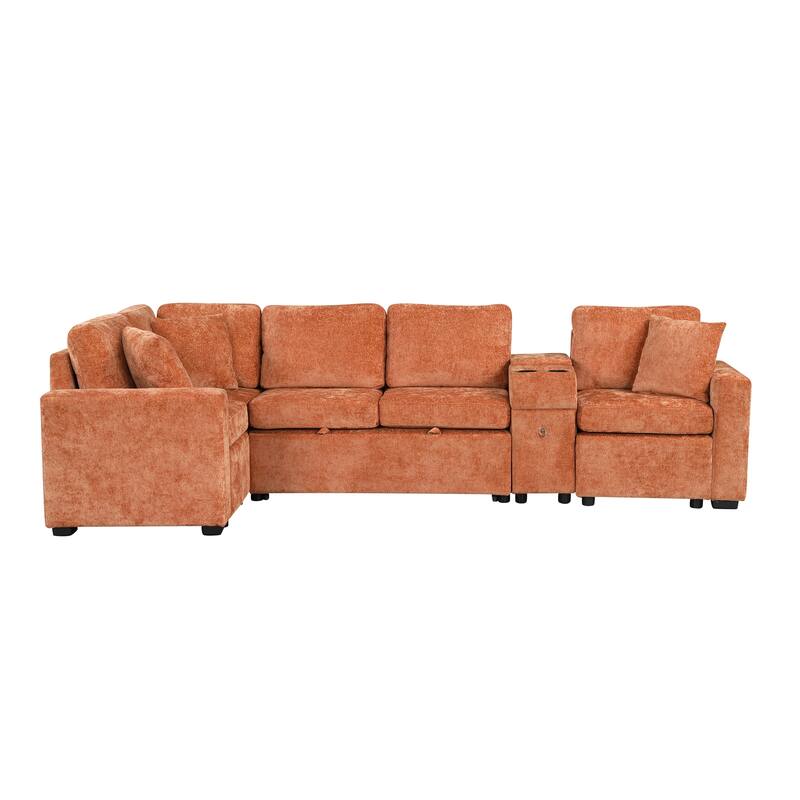 120.5" L-shaped Convertible Sofa Bed, Orange Chenille