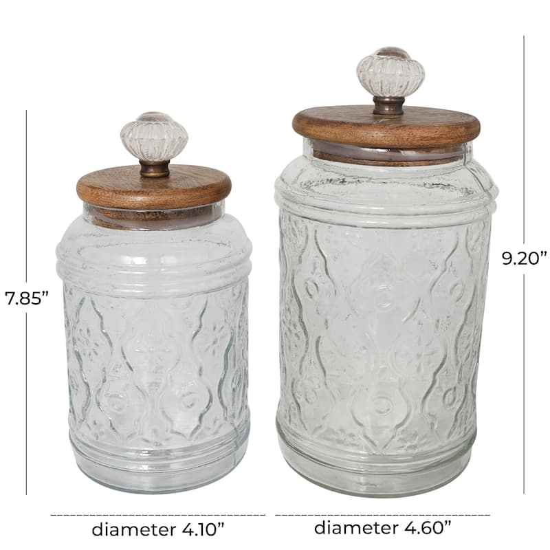 Clear Glass Floral Living Room Decorative Jars with Brown Wooden Lids and Antique Style Knobs (Set of 2)