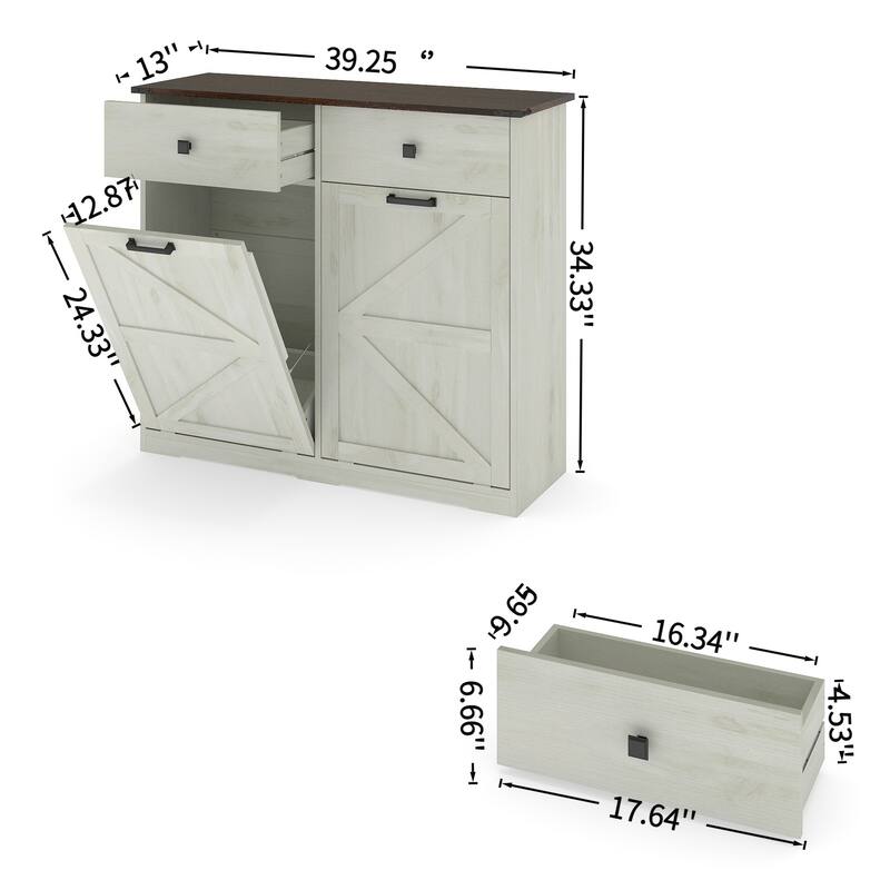 Homy Casa Farmhouse Double Tilt-Out Trash Cabinet, 20/10 G Recycling Bin, Barn Door Laundry Sorter with Drawer, Kitchen Tilt Out