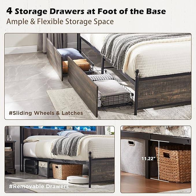 Queen Size Bed Frame with LED Lights, Charging Station and 4 Drawers