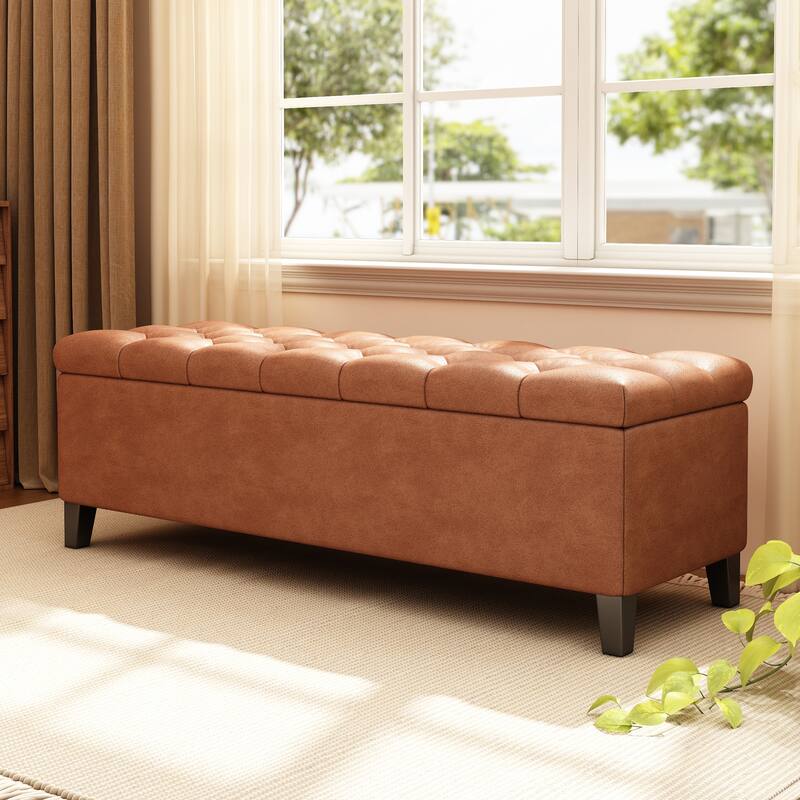 PU Leather Button-Tufted Storage Ottoman with Birch Wood Legs - Brown,Cognac