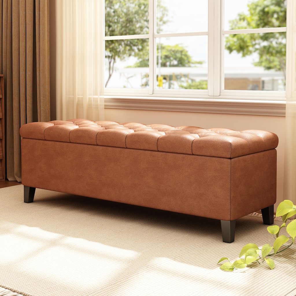 PU Leather Button-Tufted Storage Ottoman with Birch Wood Legs