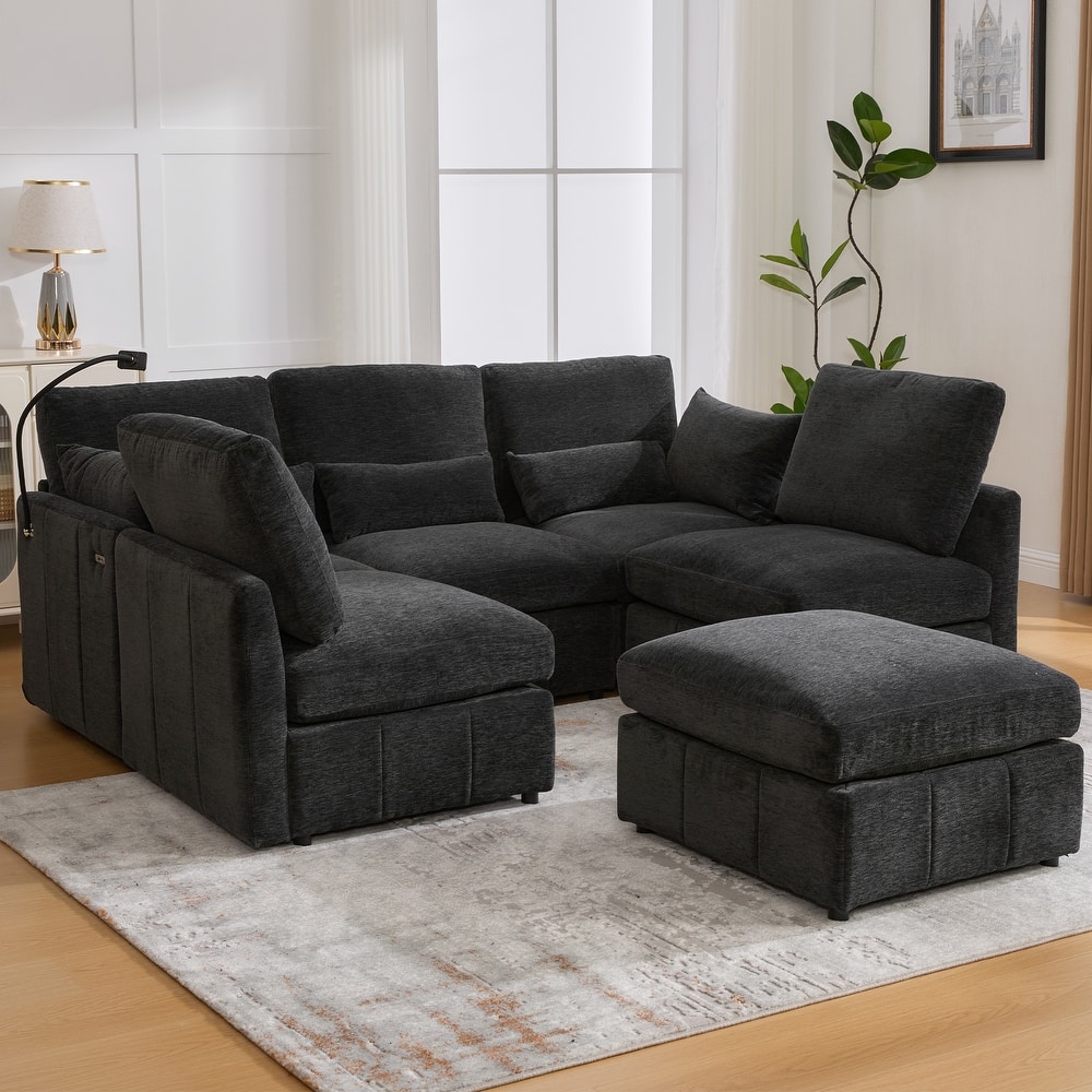 Modular Sectional Sofa with Movable Ottoman Convertible L-Shape or U-Shape Sofa Bed Built-in USB Charging Ports and Phone Holder