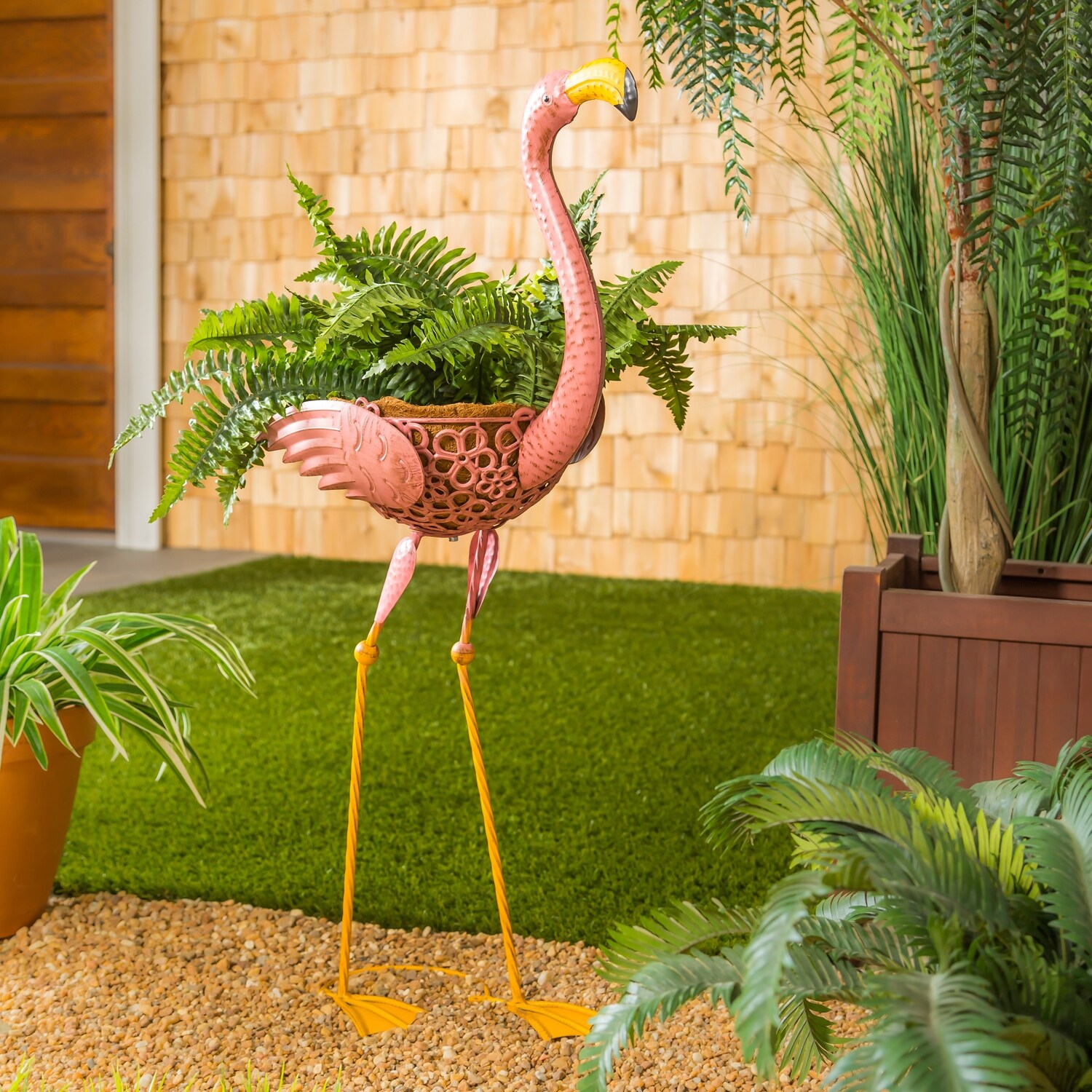 Metal Flamingo Planter with - Overstock 37100402
