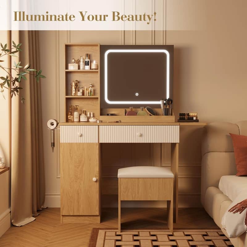 Makeup Vanity Desk with Mirror, Charging Station, Storage Drawers， Stool