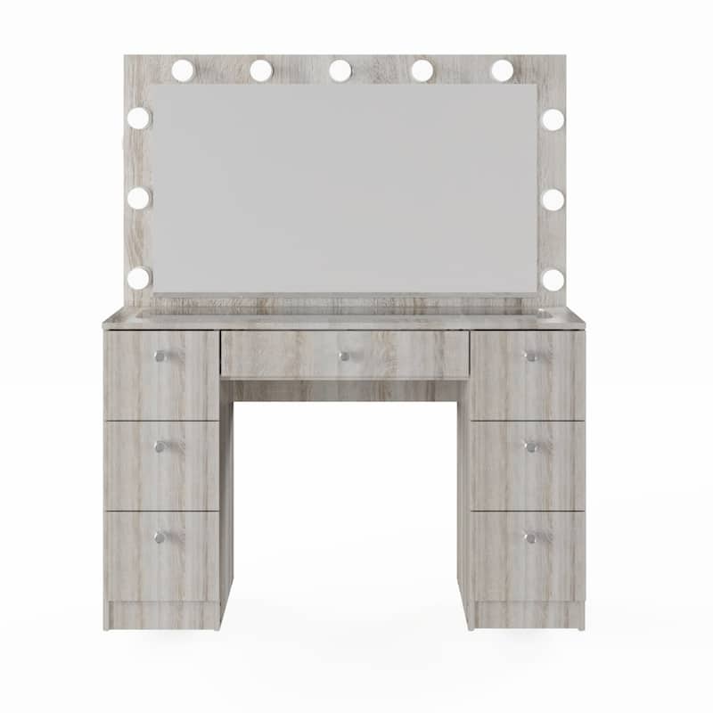 Boahaus Vanity Desk Glass Top with 7 Drawers & Lights Crystal knobs