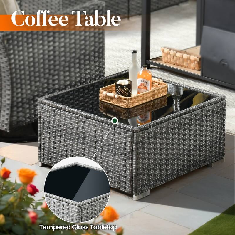 HOOOWOOO 8-piece Grey Wicker Patio Furniture Set Sectional Sofa with Fire Pit Table