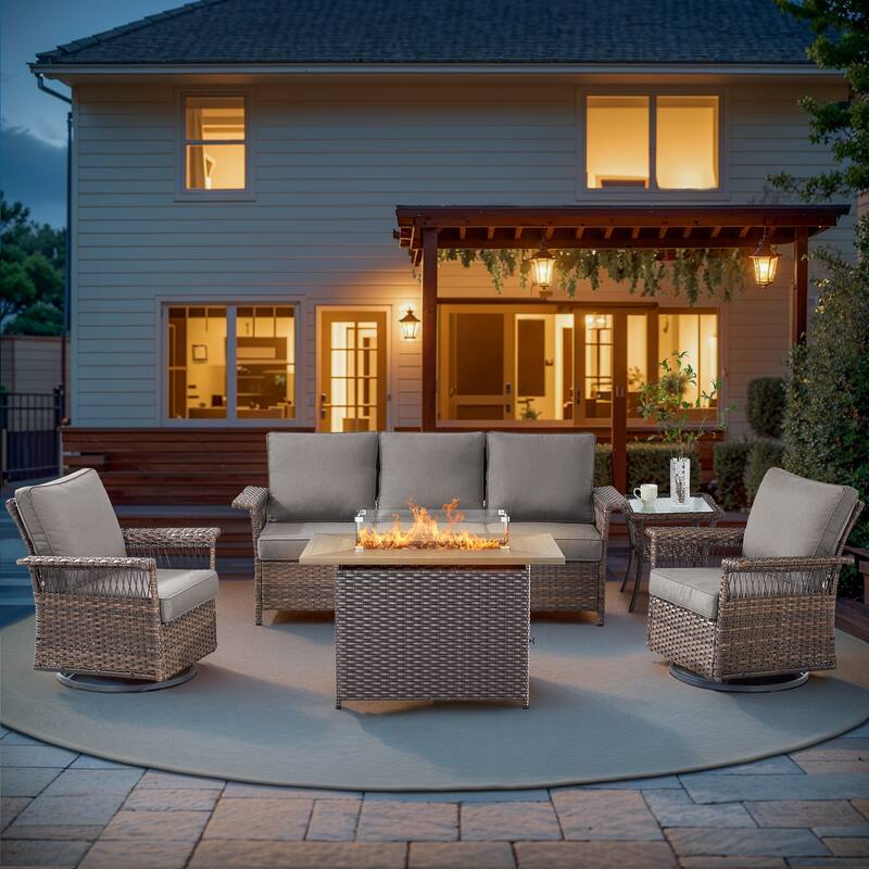Pocassy 41 in Fire Pit Table with Patio Sofa Swivel Chair Table - Brown Wicker Gray Cushion - 5-Piece Sofa Swivel Chair Table with Fire Table