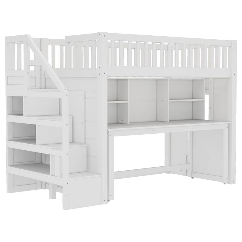 Espresso Loft Bed with Desk Bookshelf Storage Stairs Wood Loft Bed Frame