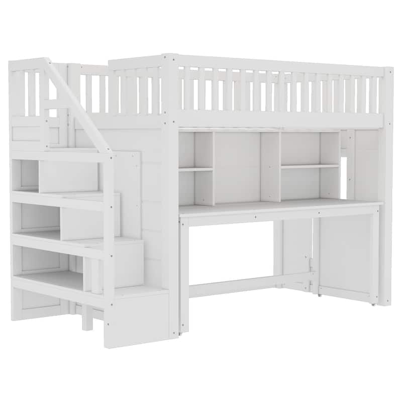 Roomfitters Loft Bed with Movable Desk and Storage Stairs, Solid Wood Workstation
