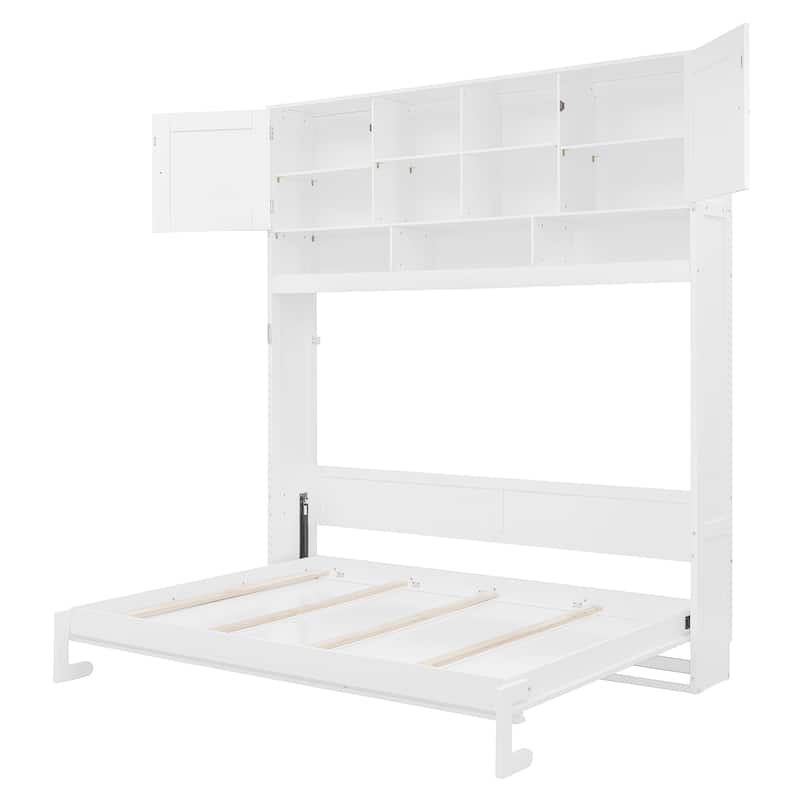Queen Size Wall Murphy Bed with Storage and Chevron Stripes, White