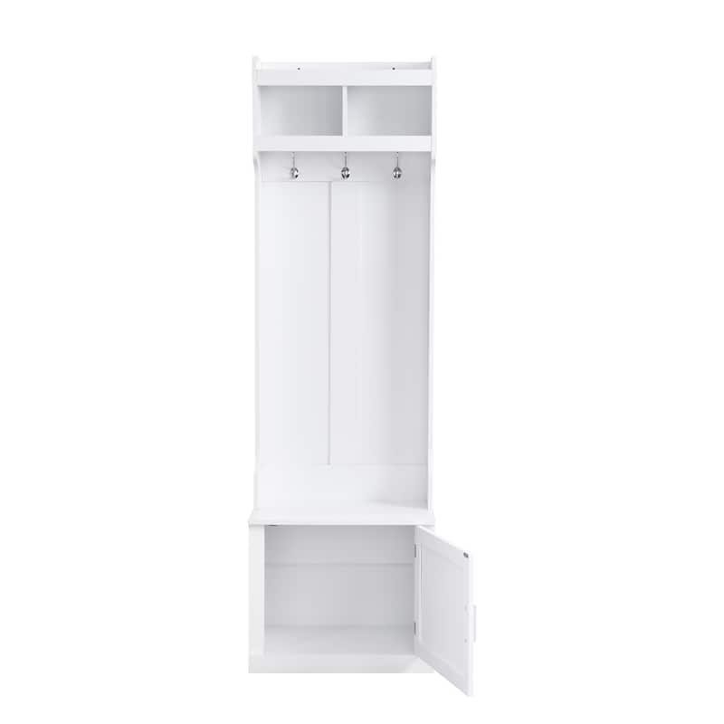 Narrow Hall Tree with Storage Shelves and 6 Hanging Hooks, Entryway Coat Rack with Integrated Bench Seat