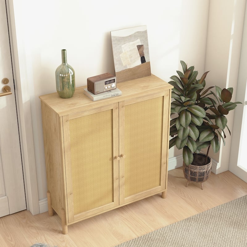 Anmytek Light Wood Rattan Double Door Storage Cabinet Space-Saving Boho Accent Cabinet