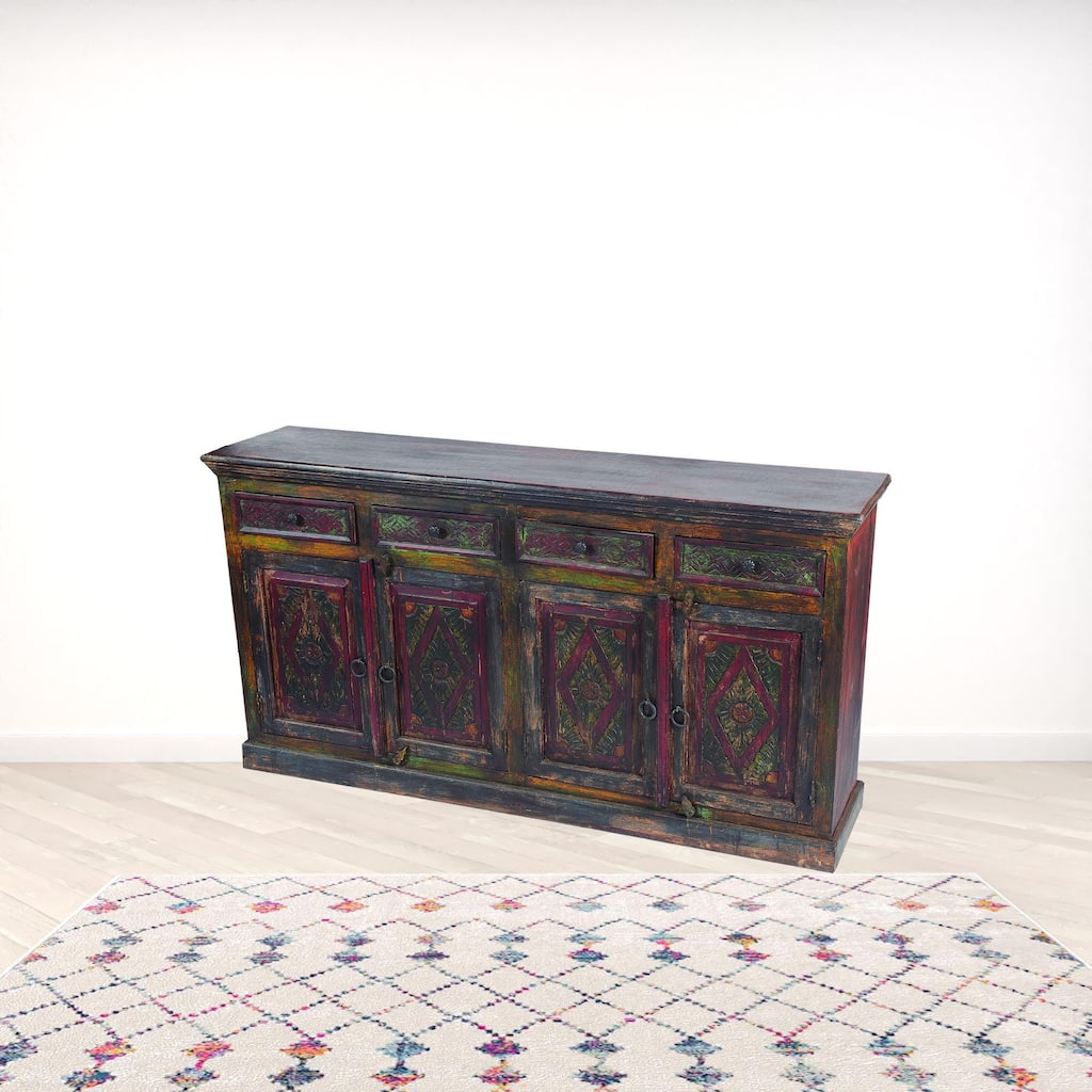 HomeRoots 72" Dark Brown and Green Solid Wood Four Drawer Sideboard with Four Doors - 72.00 in. x 39.00 in. x 16.00 in.