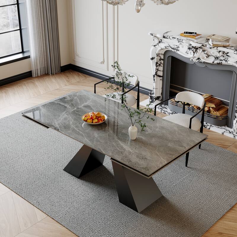 110.24 Inch Modern Minimalist 9 - Piece Extendable Sintered Stone Top Double Pedestal Dining Set