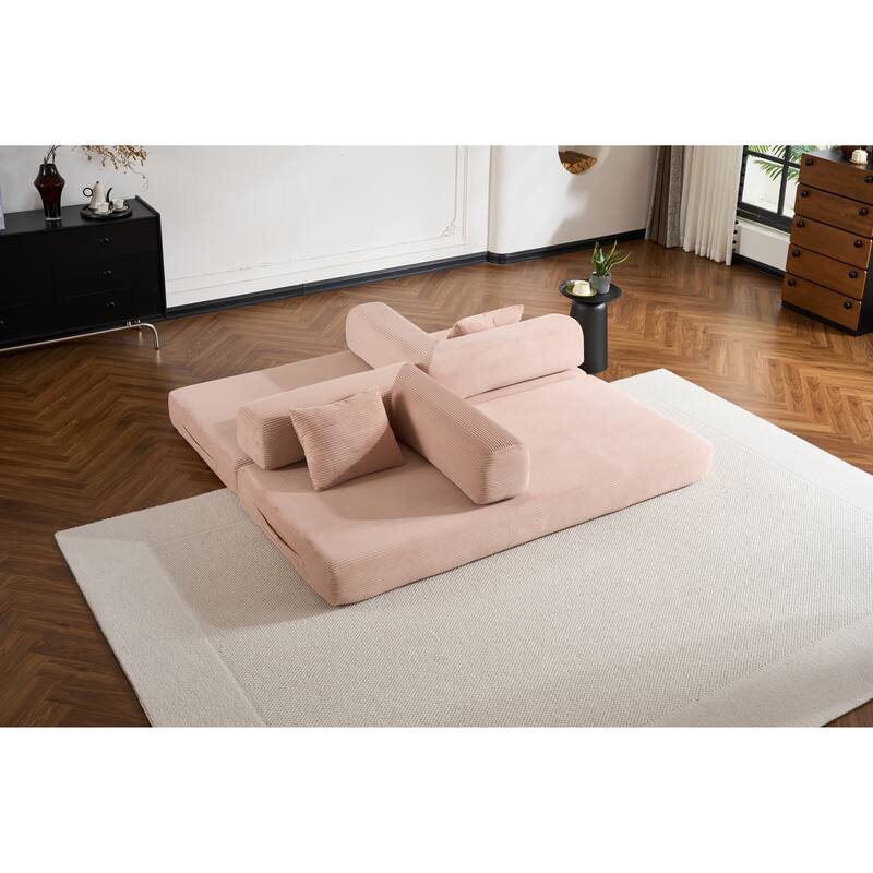 Convertible Sleeper Sofa Bed with Cylindrical Pillow, Corduroy Folding Mattress Couch with Fixed-Shape Frame