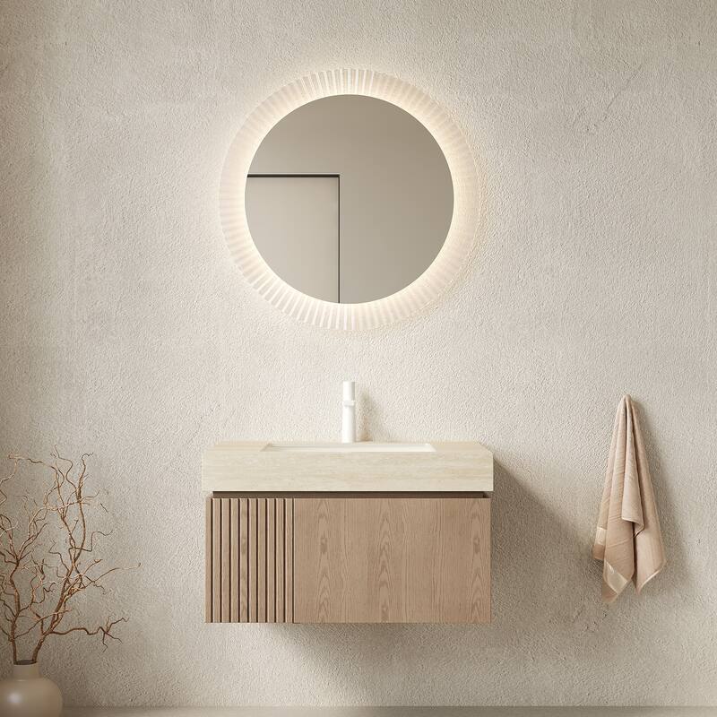 Floating Bathroom Vanity with Sintered Stone Top and Undermount Ceramic Basin - 29.92'' x 18.9'' x 17.72'' - Light Brown and Beige