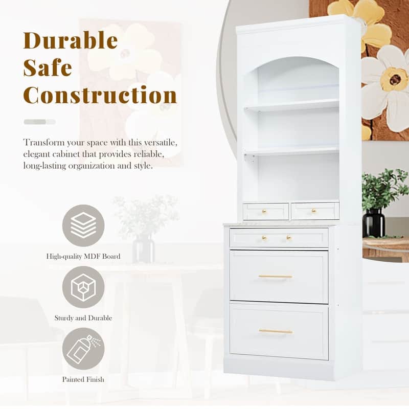 Modern 83.7-Inch Tall Kitchen Pantry with Faux Marble Top, Display Cabinet, 5 Drawers & Adjustable Shelf‌