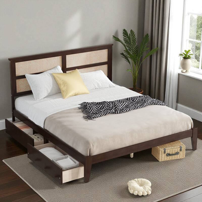 Full/King Size Rubber Wood Bed with Rattan Headboard and 2 Storage Drawers, Solid Frame with Reinforced Support Slats and Feet - Espresso - King