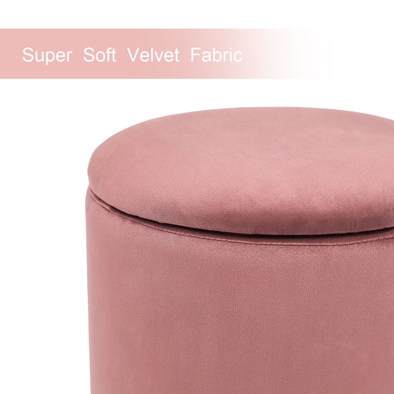 Adeco Round Storage Ottoman Footrest Stool Velvet Gold Plating Base