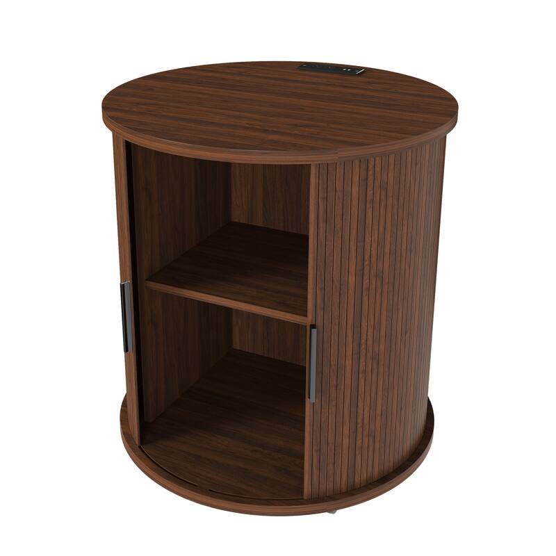Roomfitters Round Nightstand with Charging Station, Mid Century Modern End Table with Sliding Door and USB, Walnut Finish