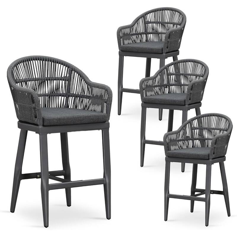 PURPLE LEAF Outdoor Counter Bar Stools Set of 4 Patio Aluminum Barstools with Back and Cushions Metal Modern Wicker Chairs - Grey-Counter Height