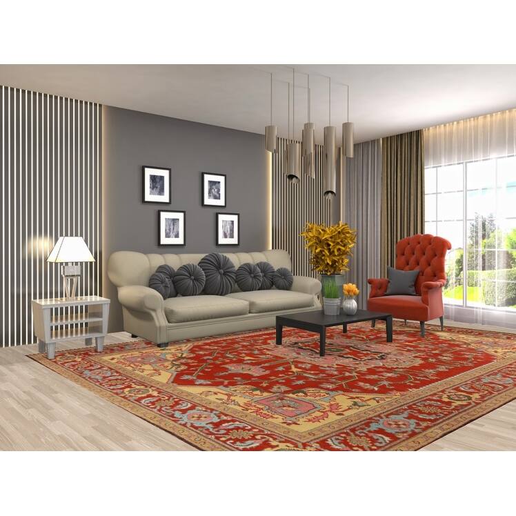 Geometric Heriz Serapi Oriental Area Rug Handmade Red Wool Carpet - 8'10" x 11'10"